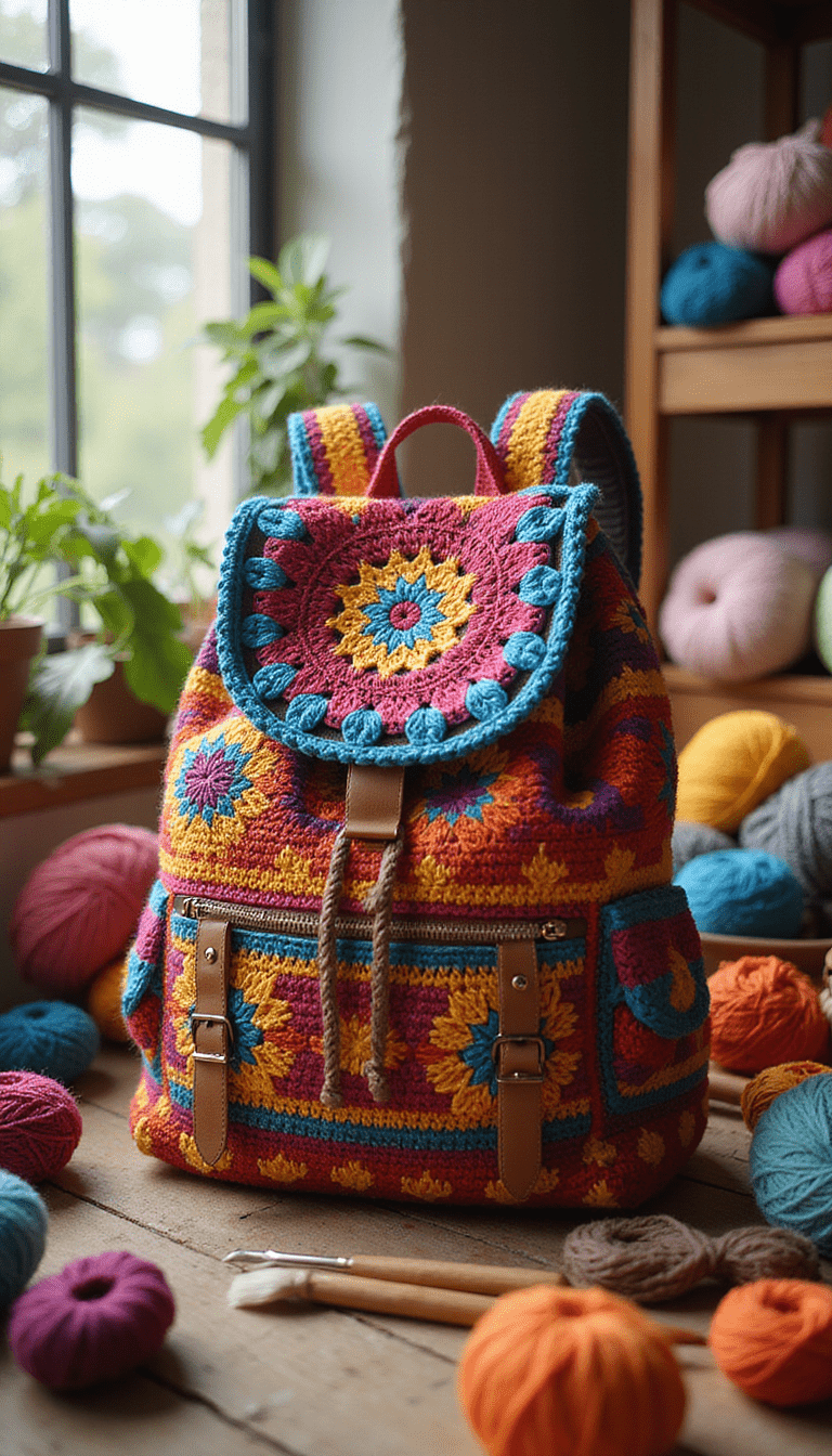 A vibrant, colorful crochet backpack with intricate patterns rests on a rustic wooden surface, surrounded by yarn and knitting tools, set in warm natural lighting, evoking a cozy, crafty, and modern vibe.
