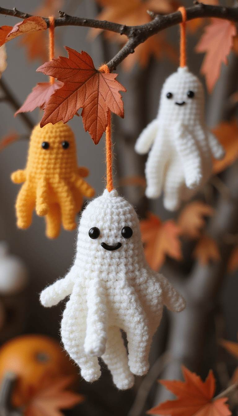 A vibrant and playful collection of crocheted ghost decorations in white and pastel colors, set against a cozy autumn background with warm lighting, emphasizing the whimsical and festive mood.