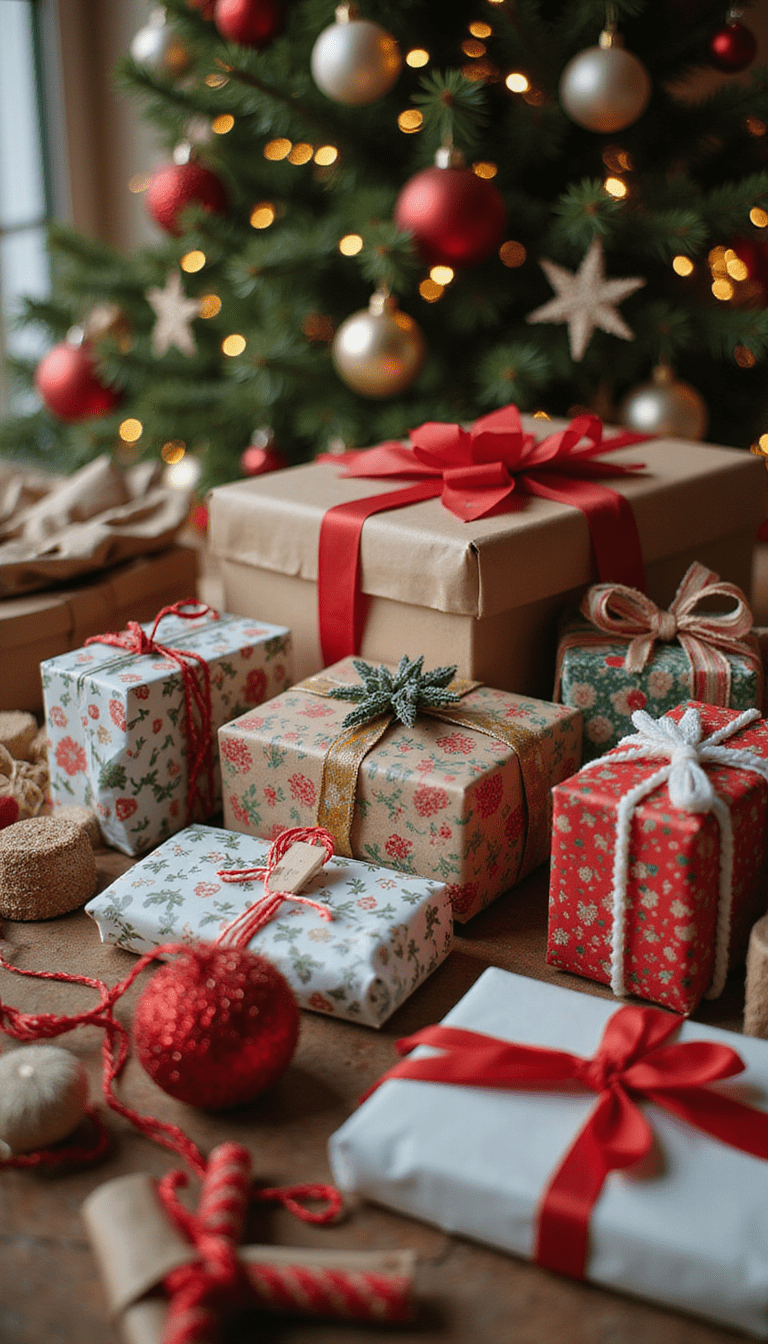 A vibrant collage of handmade holiday gifts featuring colorful wrapping papers, festive decorations, and cozy crafting tools, styled in a cheerful and warm atmosphere that evokes holiday spirit.