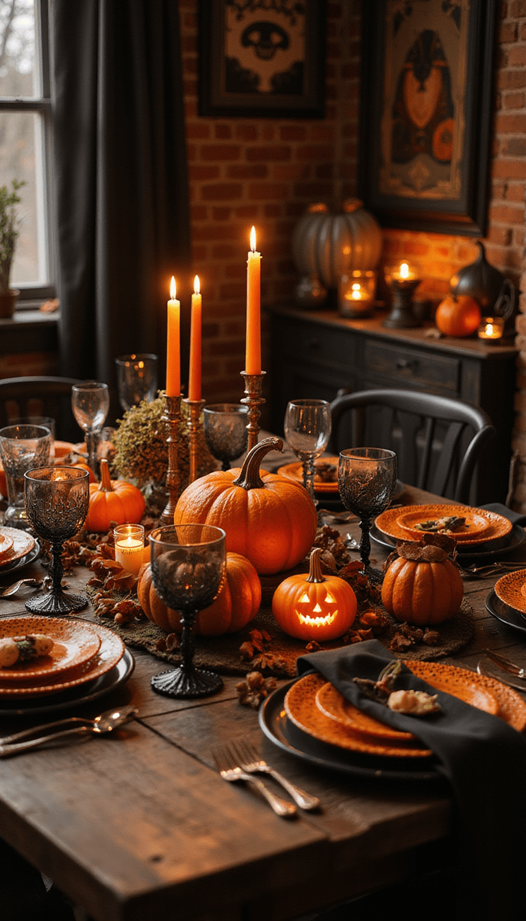 Colorful and spooky Halloween centerpiece with pumpkins, candles, and themed decorations arranged on a dark rustic table, vibrant orange and black hues, soft dramatic lighting, festive mood, focus on intricate details of the decorations