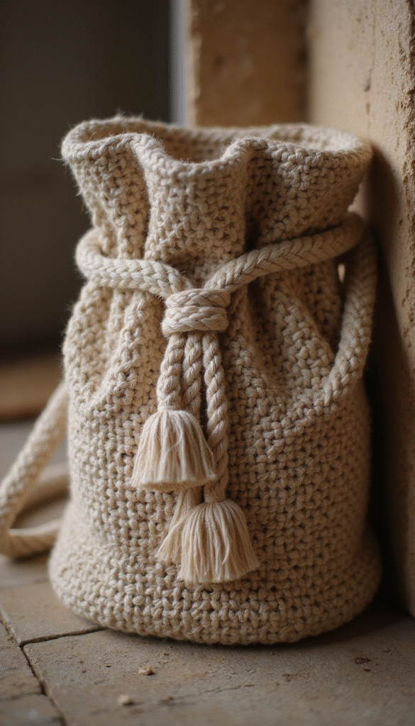 A vibrant, hand-crafted macrame bag with intricate knot patterns in natural beige and pastel colors, displayed on a rustic wooden surface, soft natural light highlighting its detailed textures and boho aesthetic.