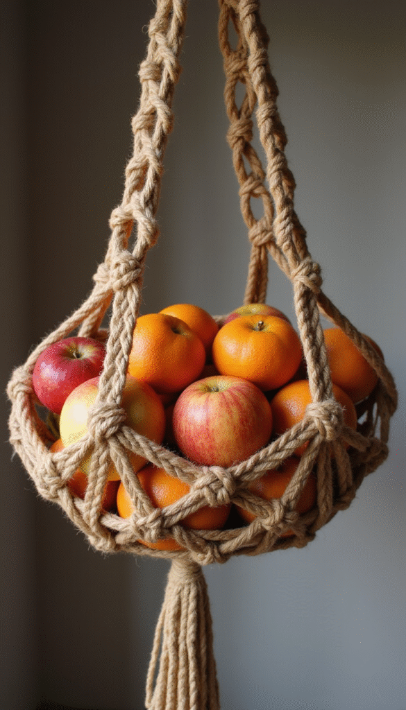 A vibrant, artisanal macrame hanging fruit basket displayed against a neutral background, with fresh fruits like apples, oranges, and bananas inside, showcasing intricate knot patterns, warm earthy tones, and handcrafted style, emphasizing creativity and cozy home decor.