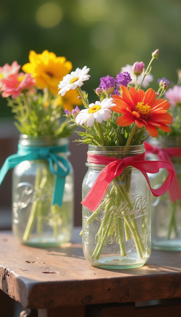 Colorful assortment of decorated mason jars on a rustic wooden table with flowers and ribbons, vibrant and cheerful mood, focus on the jars' intricate designs and bright colors