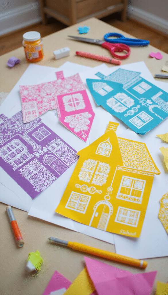 Colorful paper house templates with intricate designs, arranged on a white workspace with scissors and markers, bright and playful style, focus on detailed paper craft elements