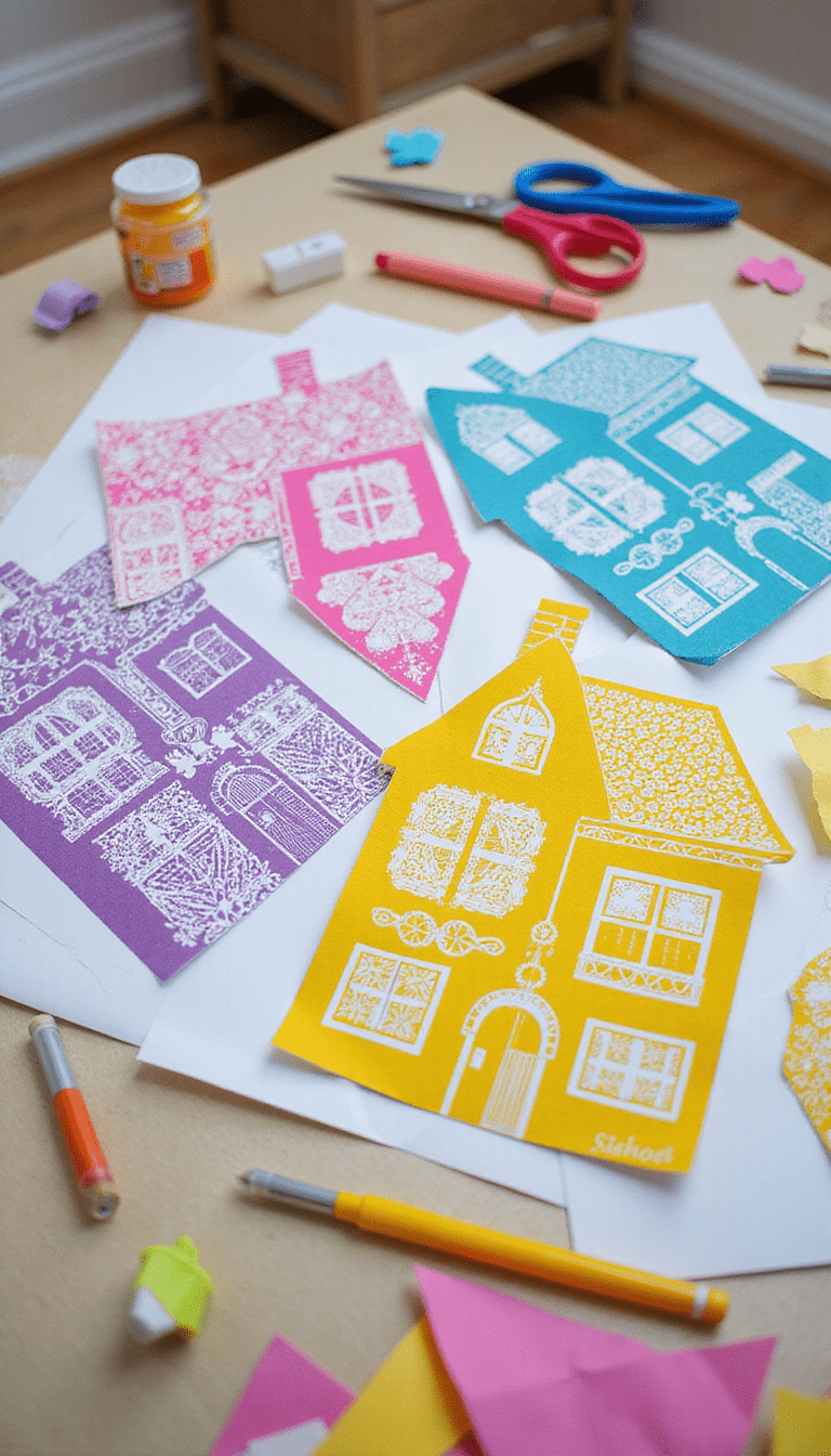 Colorful paper house templates with intricate designs, arranged on a white workspace with scissors and markers, bright and playful style, focus on detailed paper craft elements