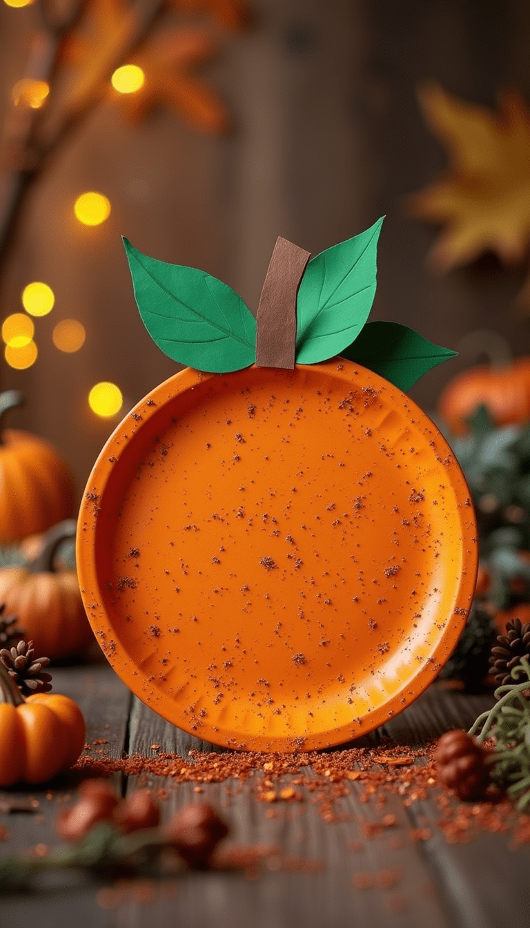 A vibrant, colorful paper plate pumpkin craft featuring bright orange paper plates with green stem and leaves, set against a rustic wooden background. The craft is decorated with glitter and autumn-themed accents, styled in a cozy, inviting atmosphere with warm lighting.