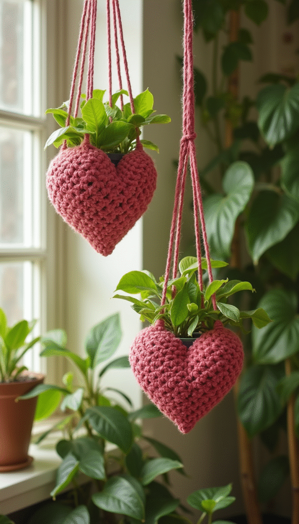 Vividly colorful crochet heart-shaped plant holders hanging in a cozy, warmly lit room, with various lush green plants inside them, styled in a modern boho setting, soft natural light highlighting the intricate crochet patterns.