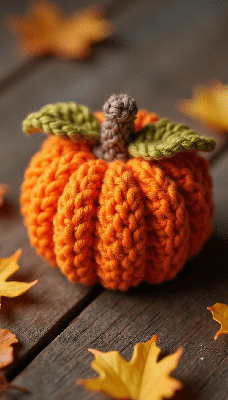 A vibrant orange chunky crochet pumpkin resting on a rustic wooden table with soft natural lighting, surrounded by fall leaves and warm-toned decor, in a cozy styled setting