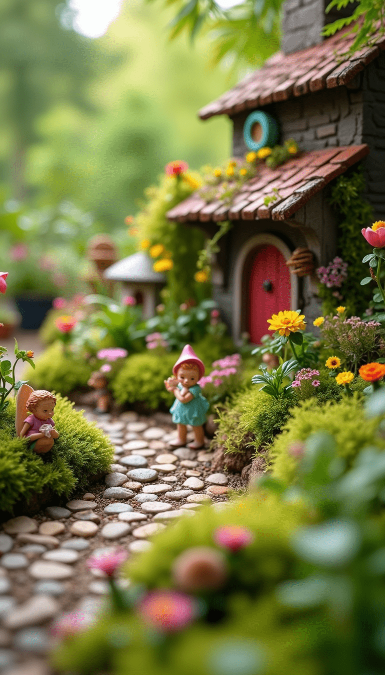 Vibrant miniature fairy garden with colorful fairy figurines, tiny plants, whimsical decor, set against lush greenery in bright daylight, charming and fantastical style