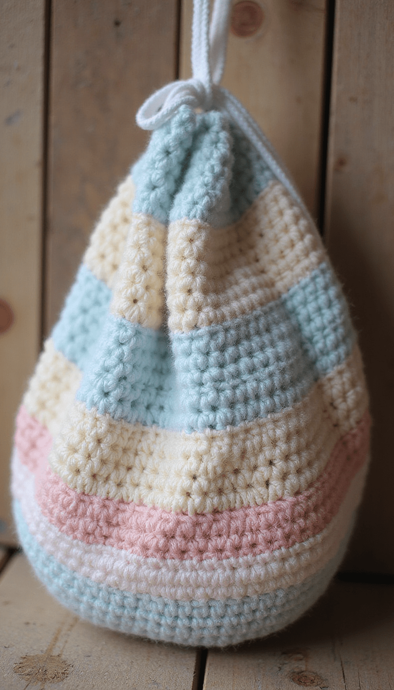 A close-up of a delicate dew drop-shaped crochet bag in soft pastel colors, set against a rustic wooden background with natural lighting, highlighting intricate stitches and textured details, creating a cozy and artisanal mood.
