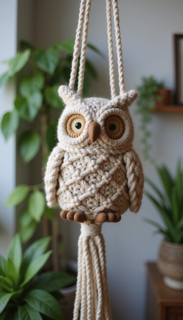 A vibrant close-up of a handcrafted macrame owl-shaped plant holder hanging in a cozy, well-lit indoor space with lush green plants, featuring intricate knot designs in natural beige and brown tones, exuding a warm, artisanal vibe.
