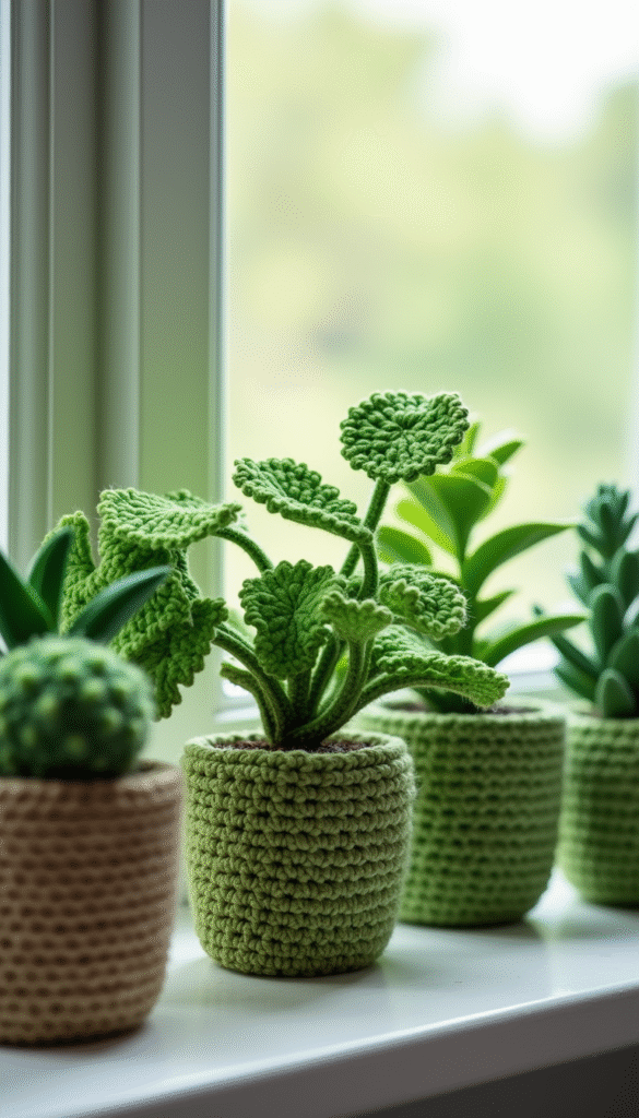 Close-up of vibrant handmade crochet houseplants in a variety of green shades, styled on a modern windowsill with soft natural light, emphasizing detailed textures and lifelike appearance, set against a cozy, minimalist background