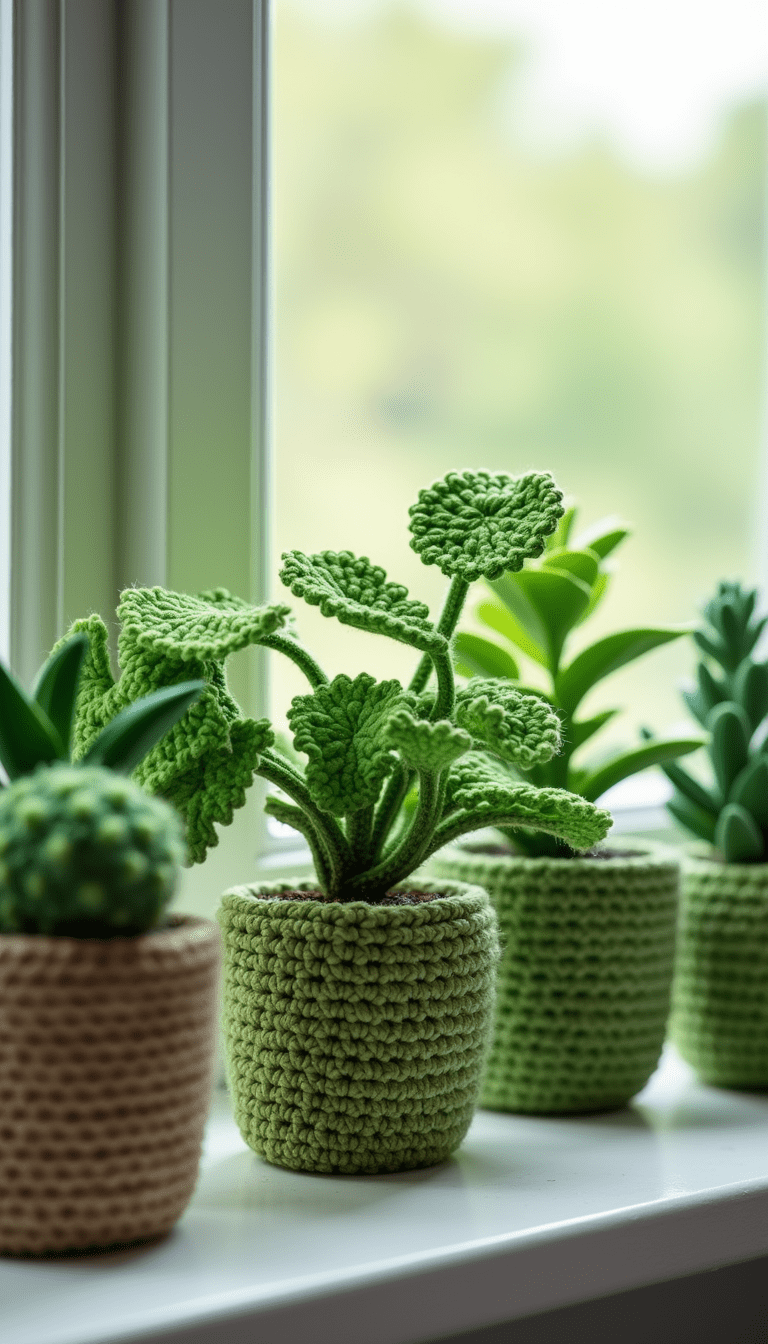 Close-up of vibrant handmade crochet houseplants in a variety of green shades, styled on a modern windowsill with soft natural light, emphasizing detailed textures and lifelike appearance, set against a cozy, minimalist background