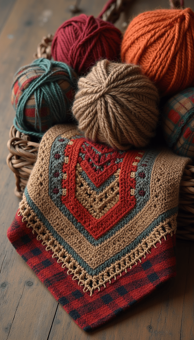 A cozy, detailed flat lay of crochet patterns inspired by Scottish landscapes, featuring earthy tones, tartan accents, and Celtic symbols, with a rustic wooden background conveying warmth and tradition.