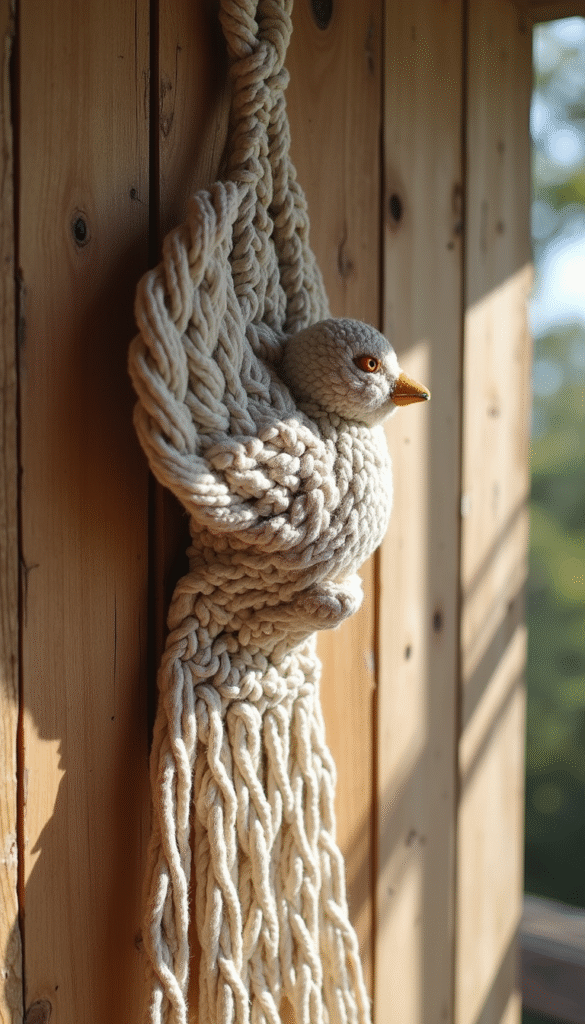 A close-up of a beautifully crafted macrame bird wall hanging with intricate knots in soft beige and white threads hanging on a rustic wooden wall, styled in a cozy, bohemian interior with natural lighting