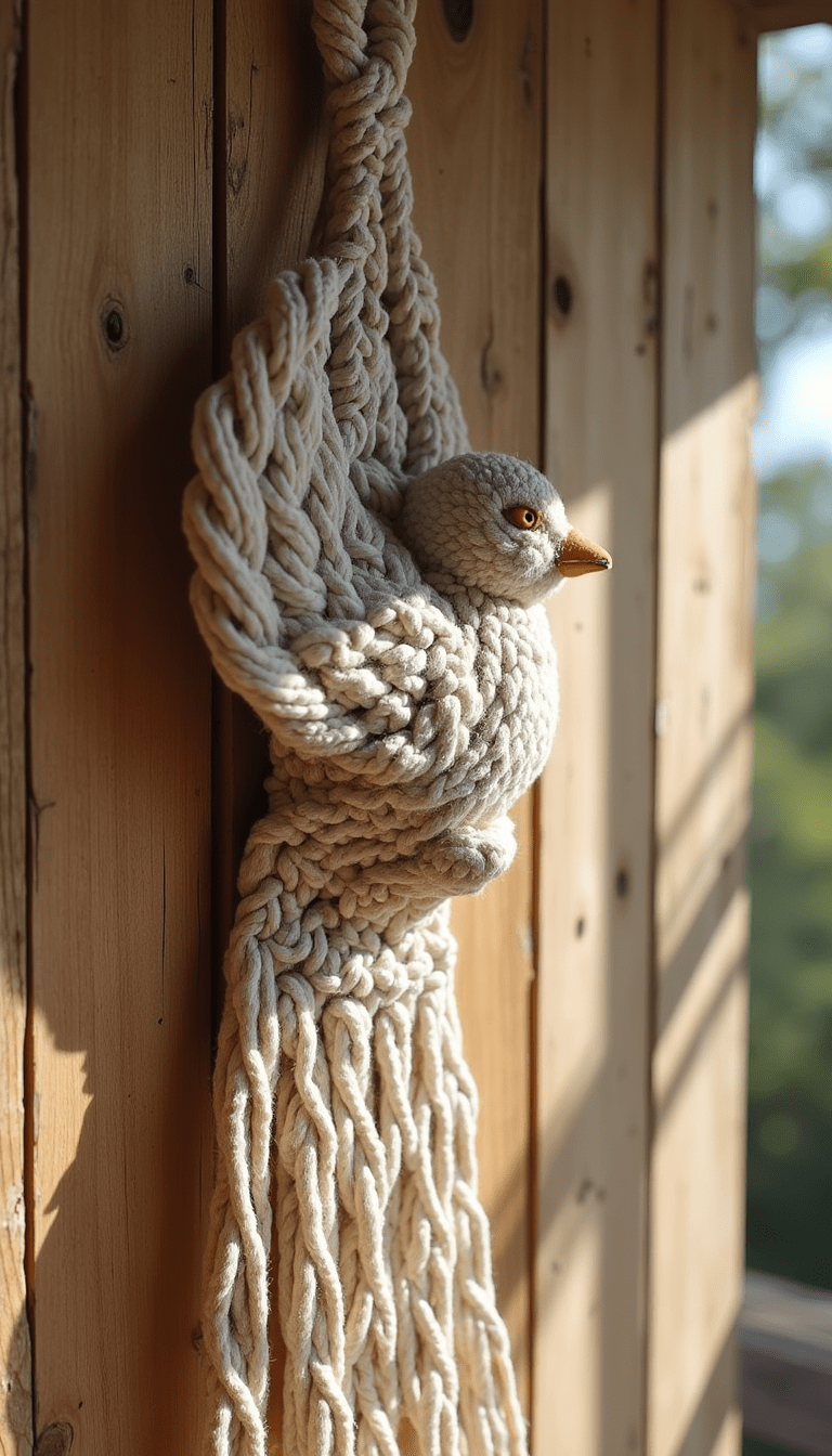 A close-up of a beautifully crafted macrame bird wall hanging with intricate knots in soft beige and white threads hanging on a rustic wooden wall, styled in a cozy, bohemian interior with natural lighting