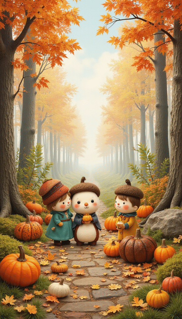 A whimsical illustration of colorful acorn characters and forest folk crafts, featuring detailed handcrafted acorn figures, vibrant fall colors, and a cozy woodland scene with soft natural lighting, creating a magical and inviting atmosphere.
