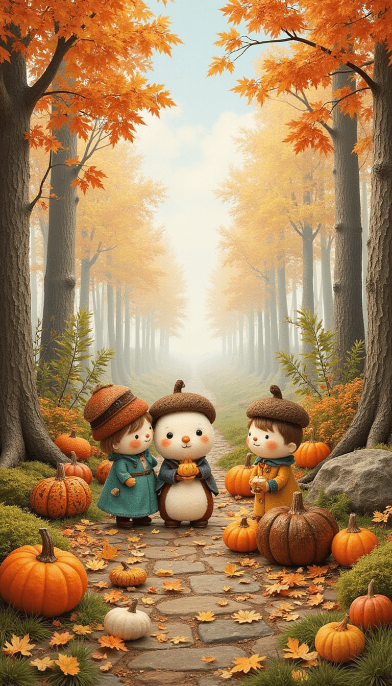A whimsical illustration of colorful acorn characters and forest folk crafts, featuring detailed handcrafted acorn figures, vibrant fall colors, and a cozy woodland scene with soft natural lighting, creating a magical and inviting atmosphere.