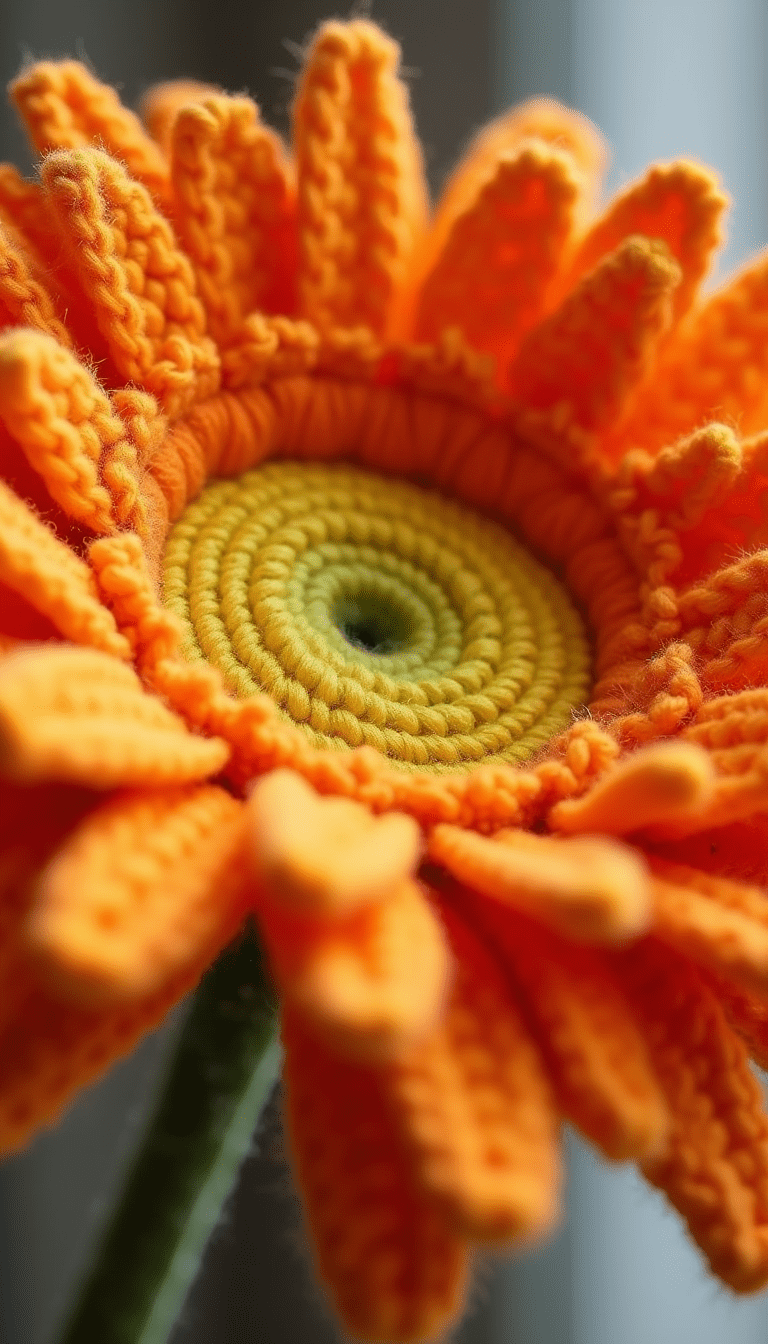 Brightly colored crochet Gerbera Daisy with vibrant orange and yellow petals, detailed close-up of the textured flower on a neutral background in soft natural light, emphasizing craft details and cheerful mood