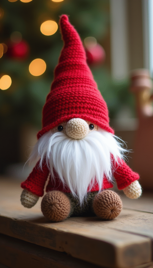 A vibrant, colorful crochet gnome sitting on a rustic wooden table, surrounded by soft natural lighting, with detailed stitches visible, creating a cozy, whimsical mood.