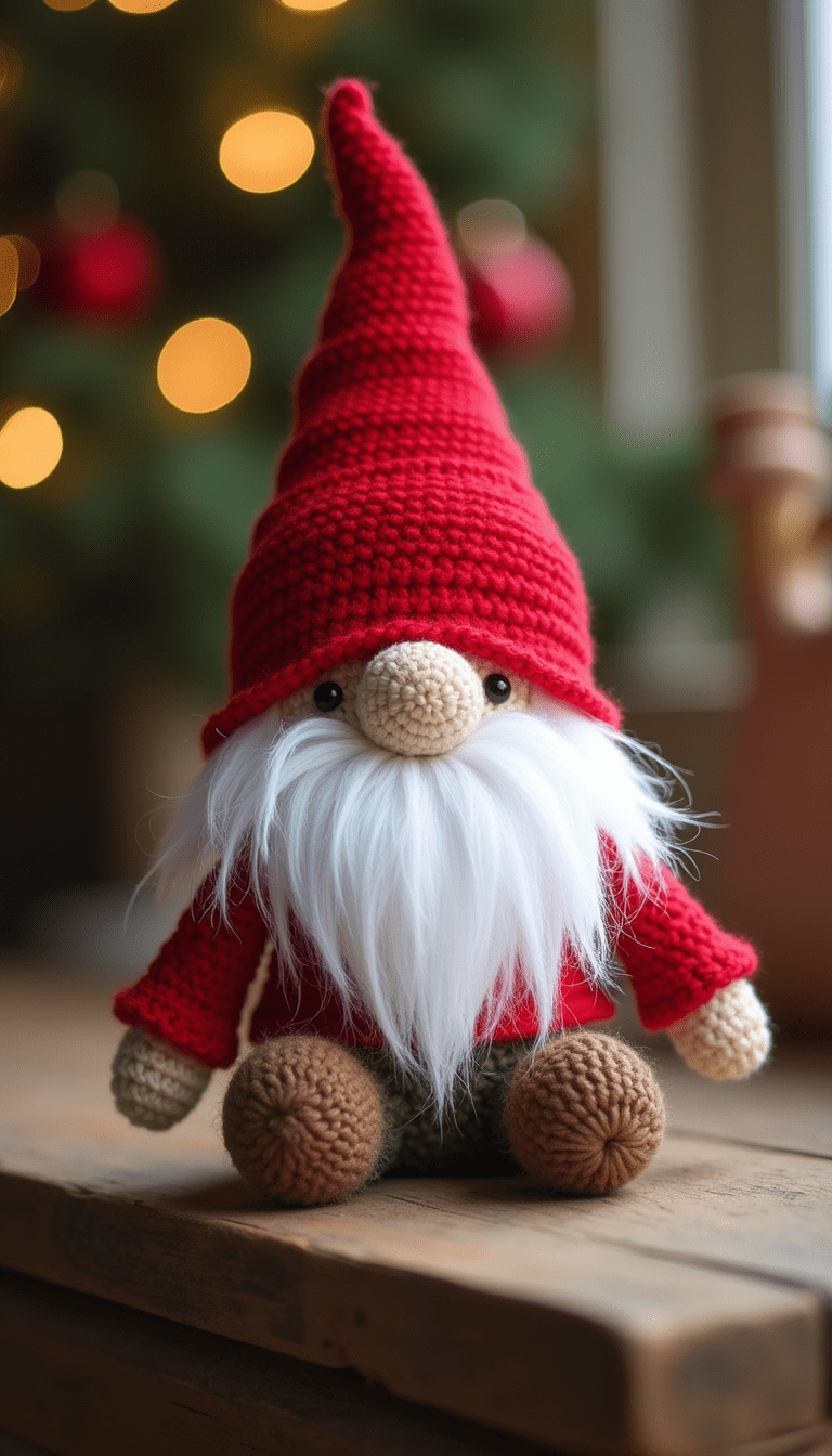 A vibrant, colorful crochet gnome sitting on a rustic wooden table, surrounded by soft natural lighting, with detailed stitches visible, creating a cozy, whimsical mood.