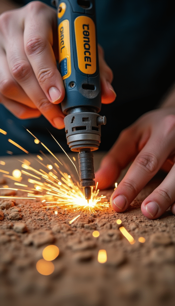 Colorful close-up of a hands-on Dremel rotary tool carving intricate designs on a wooden surface, with sparks and wood shavings, vibrant colors, focused lighting, creating a dynamic artistic mood.