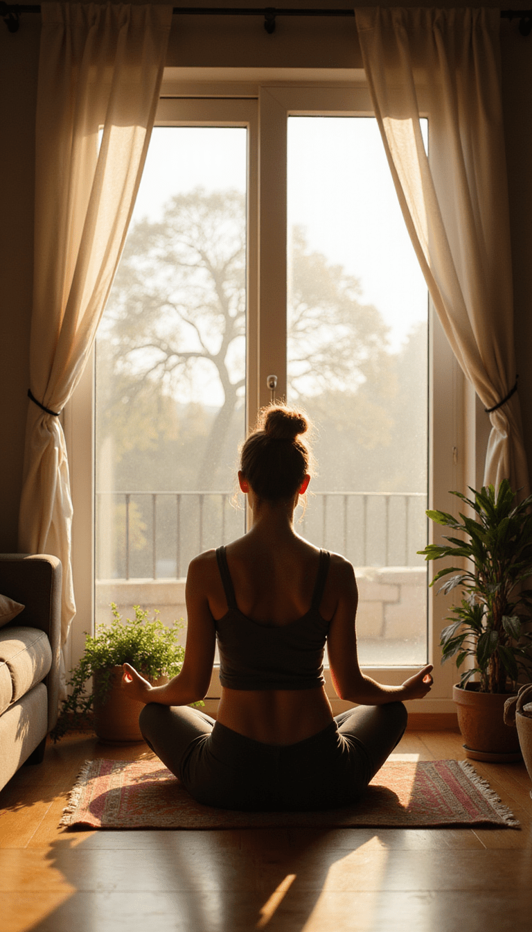 A serene morning scene featuring a person meditating with soft pastel colors, a steaming cup of coffee, and sunlight streaming through a window, creating a calming and peaceful atmosphere