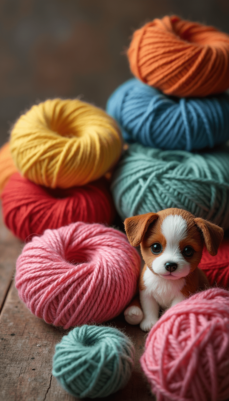 Colorful yarn balls and skeins arranged creatively on a wooden table with a cute puppy toy in the center, vibrant and playful mood, detailed focus on yarn textures