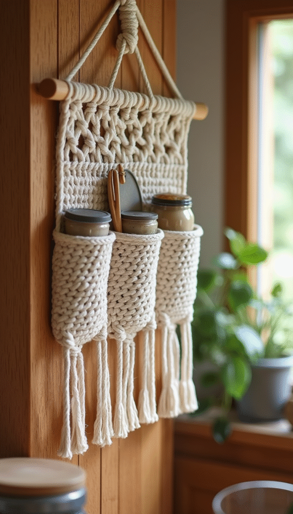 Close-up of a beautifully crafted macrame kitchen organizer hanging on a wooden wall, featuring intricate knots, neutral beige tones with hints of green plants and colorful kitchen utensils, in a cozy and stylish kitchen setting with soft natural lighting.