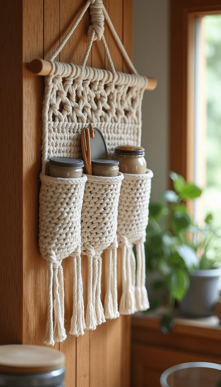 Close-up of a beautifully crafted macrame kitchen organizer hanging on a wooden wall, featuring intricate knots, neutral beige tones with hints of green plants and colorful kitchen utensils, in a cozy and stylish kitchen setting with soft natural lighting.