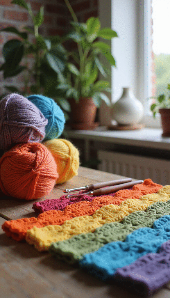Bright and cozy colorful yarn balls, crochet hooks, and partly finished beginner crochet projects arranged on a rustic wooden table with natural lighting, creating a warm and inviting mood.