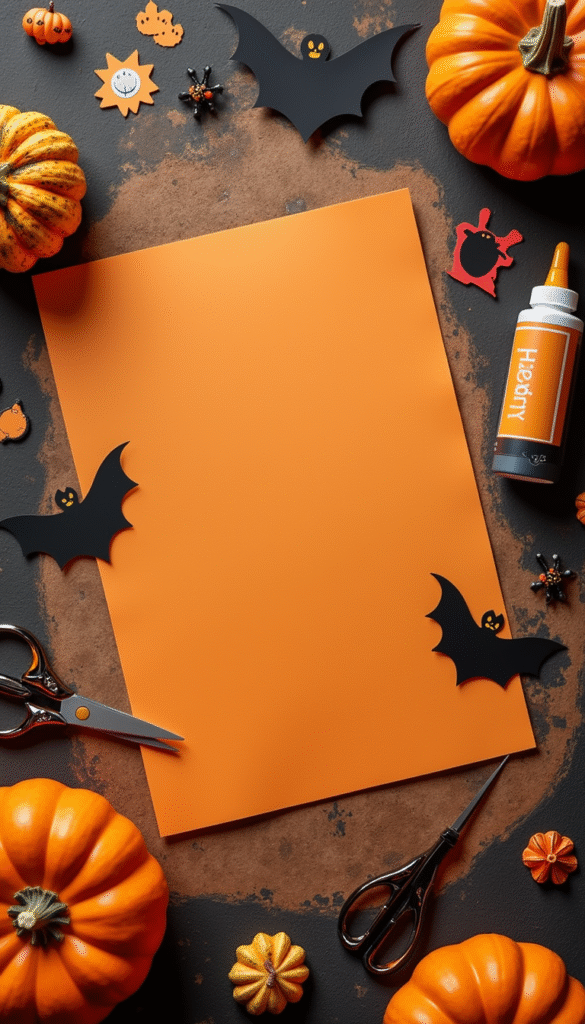 A colorful flat lay of Halloween craft supplies including orange and black paper, glue, scissors, pumpkin decorations, and spooky stickers on a rustic wooden background, with a festive and cheerful atmosphere.