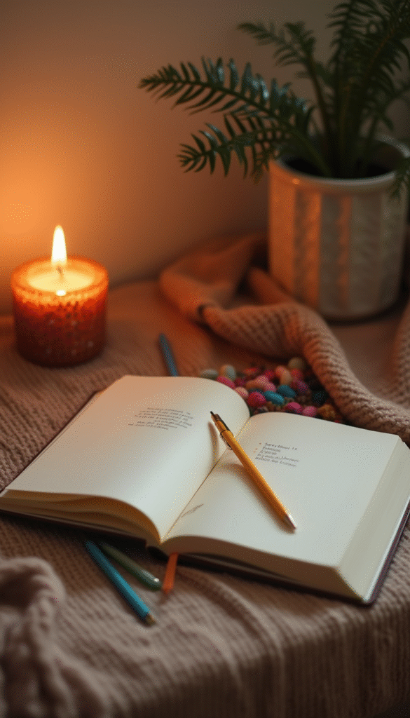 A calming workspace scene featuring an open journal with colorful pens, a soft candle glow, and a cozy blanket, evoking relaxation and mindfulness with warm tones and serene mood.