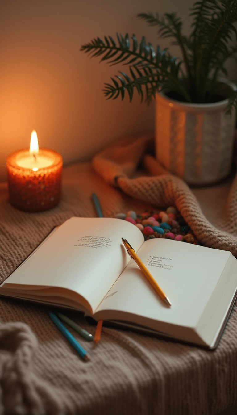 A calming workspace scene featuring an open journal with colorful pens, a soft candle glow, and a cozy blanket, evoking relaxation and mindfulness with warm tones and serene mood.