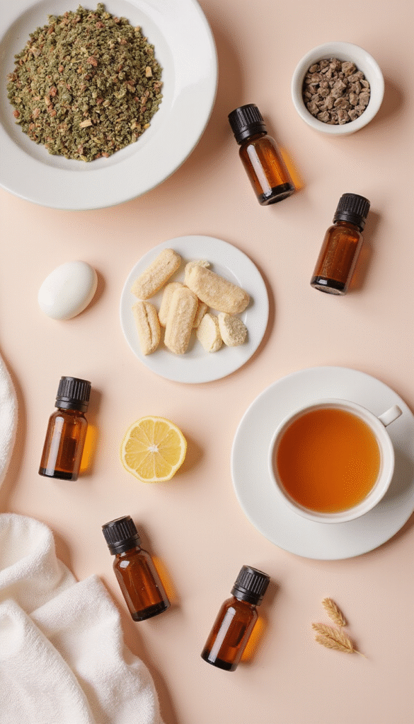 An elegant flat lay of natural remedies on a soft pastel background, including herbal teas, supplements, and essential oils, with a calming and nurturing vibe, emphasizing wellness and natural healing.