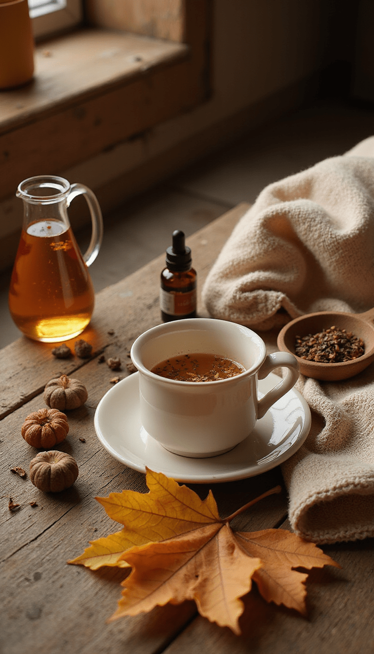 A vibrant, colorful flat lay of seasonal wellness items including herbal teas, aromatherapy diffuser, yoga mat, and autumn leaves, styled on a rustic wooden surface with warm lighting, conveying a cozy, inviting mood.