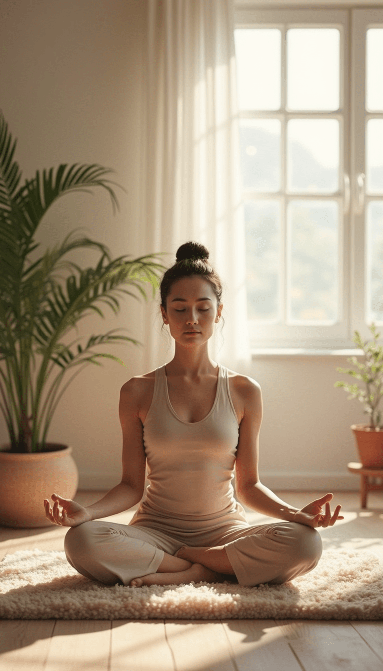 A serene scene featuring a person sitting peacefully in a bright, cozy room with calming pastel colors, meditating with closed eyes, surrounded by plants and soft lighting, conveying tranquility and mental clarity.