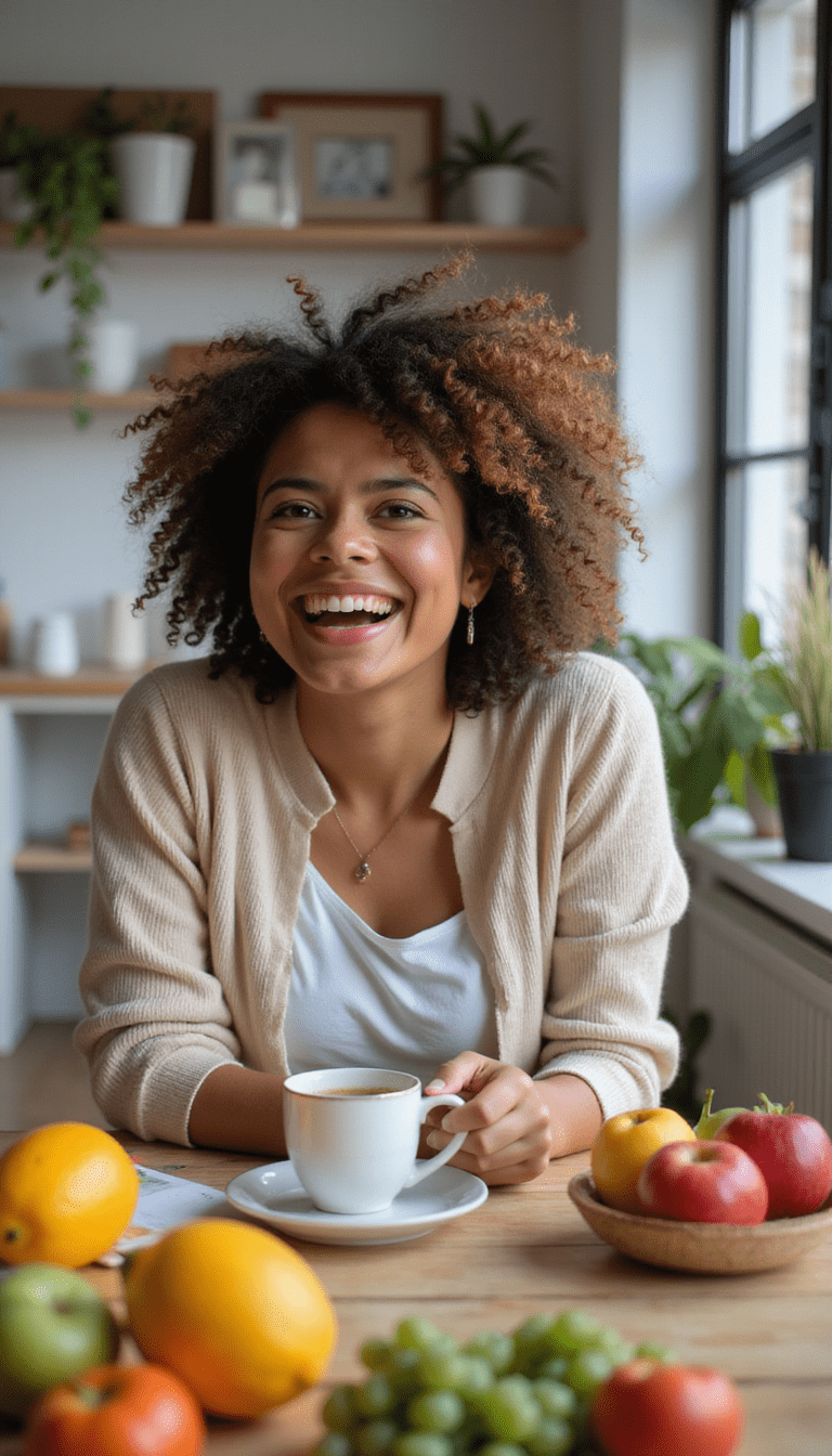 A vibrant, motivating scene showing a person energized and smiling, surrounded by colorful fruits, a cup of coffee, and a bright workspace with warm lighting, in a modern and upbeat style that conveys vitality and renewal.