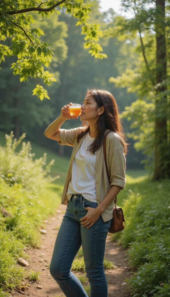 A vibrant, colorful image showcasing a person in casual athletic wear sitting outdoors on a sunny day, sipping herbal tea, with a laptop and plants around, conveying energy and renewal, in a bright and uplifting style.