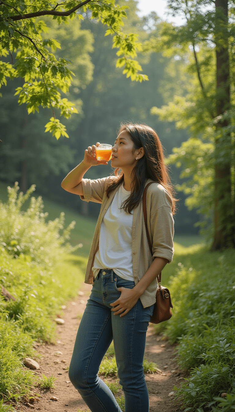 A vibrant, colorful image showcasing a person in casual athletic wear sitting outdoors on a sunny day, sipping herbal tea, with a laptop and plants around, conveying energy and renewal, in a bright and uplifting style.