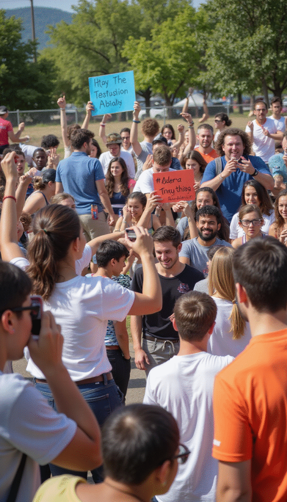 Bright and colorful image showing a diverse group of people participating in a wellness challenge outdoors, with smiling faces, vibrant activity props, surrounded by greenery and inspiring motivational signs, in a lively and energetic atmosphere, photorealistic style.
