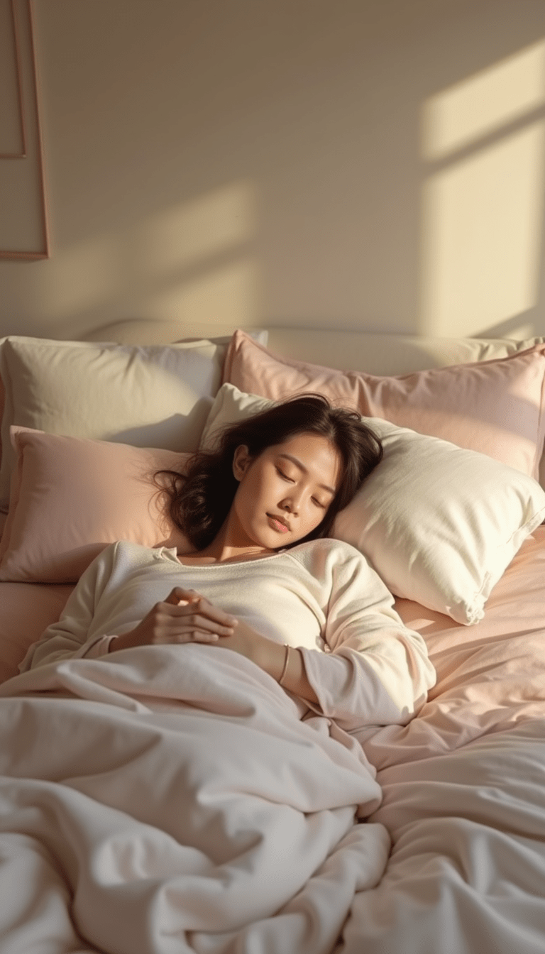 A peaceful bedroom scene with a woman sleeping peacefully under soft, warm lighting, pastel-colored bedding, minimalist decor, calm mood, focus on comfort and tranquility