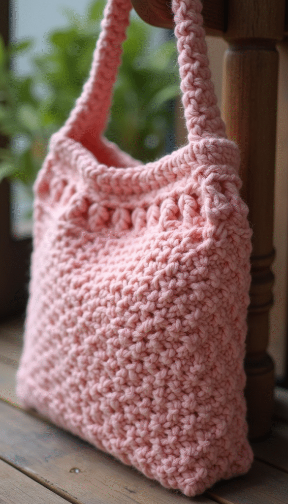A sleek, handcrafted crochet bag in soft pastel pink with intricate patterns, placed on a rustic wooden surface with natural lighting, exuding elegance and craftsmanship.