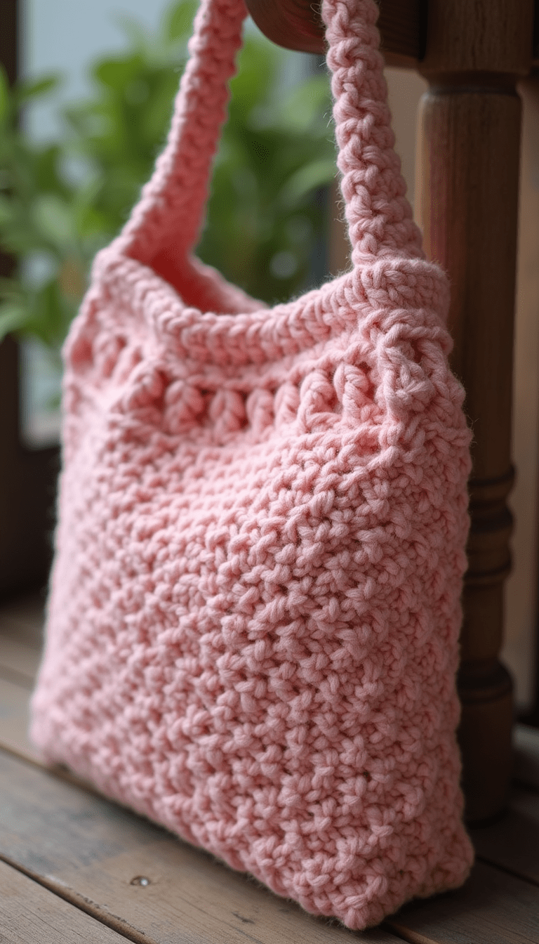 A sleek, handcrafted crochet bag in soft pastel pink with intricate patterns, placed on a rustic wooden surface with natural lighting, exuding elegance and craftsmanship.