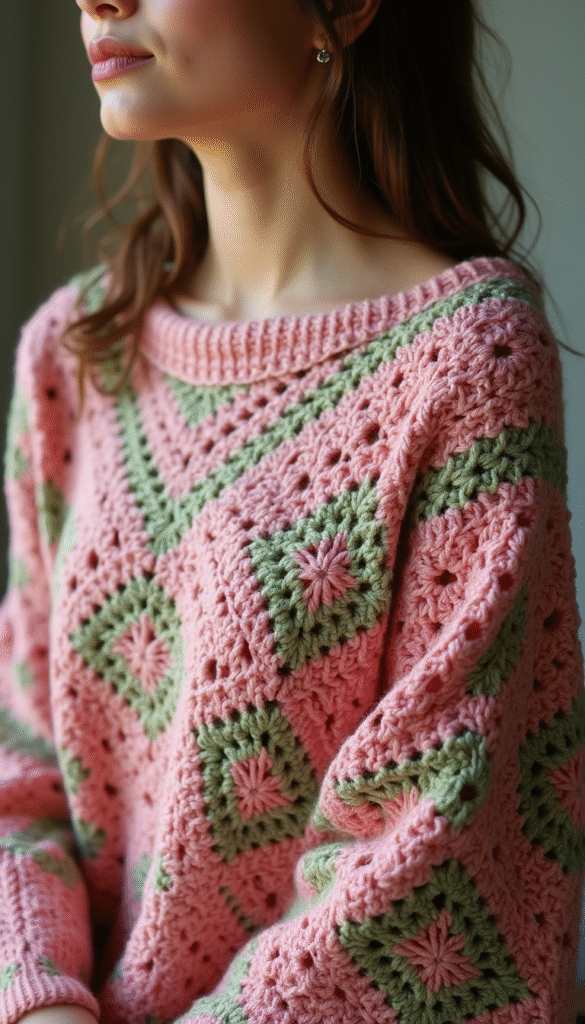 A vibrant and intricate crochet bouquet pony with floral patterns draped over a neutral background, featuring bright colors like pink, green, and white, styled in a cozy and artistic setting that evokes warmth and craftsmanship.