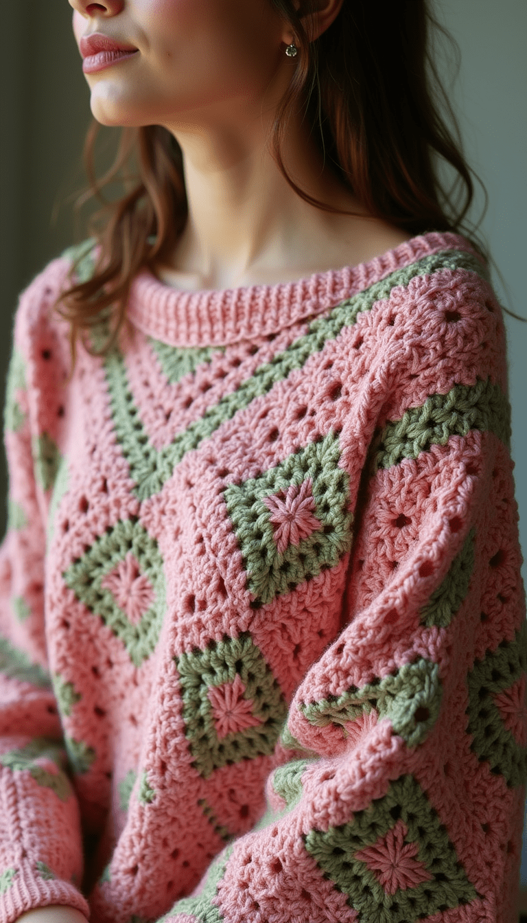 A vibrant and intricate crochet bouquet pony with floral patterns draped over a neutral background, featuring bright colors like pink, green, and white, styled in a cozy and artistic setting that evokes warmth and craftsmanship.