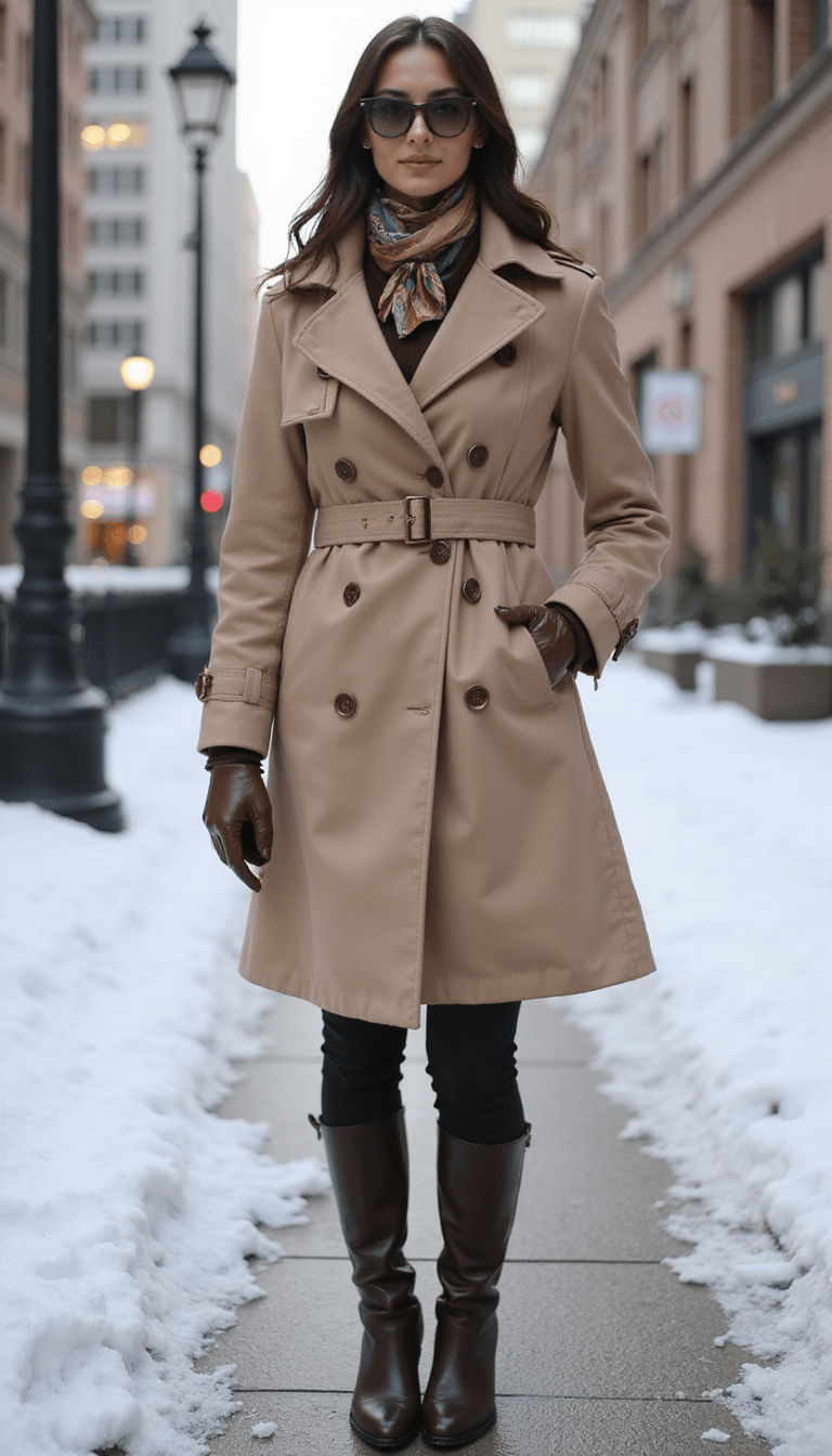 A sophisticated woman dressed in a timeless beige trench coat, silk scarf, and leather gloves standing against a snow-dusted city backdrop, soft natural lighting, elegant and refined style, cozy yet luxurious atmosphere.