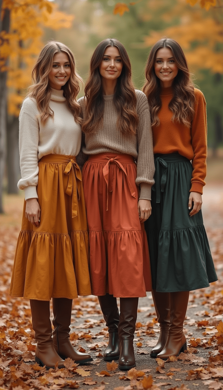 A collection of stylish women wearing various fall skirts in warm earthy tones and cozy textures, set outdoors with autumn leaves, soft lighting, fashion-forward and inviting mood