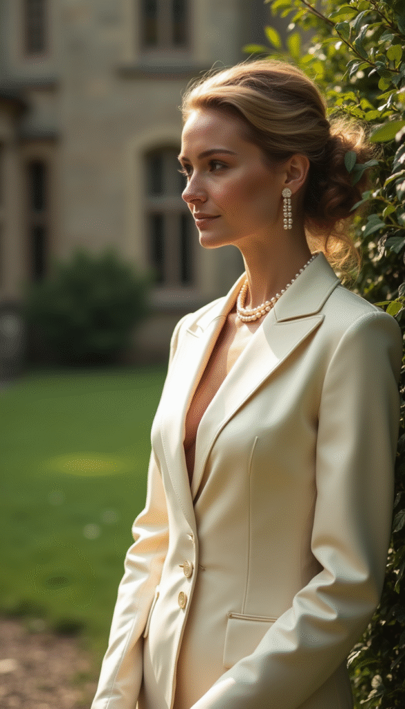 A sophisticated woman dressed in a cream-colored blazer and pearl jewelry, standing outside a historic estate with lush greenery, soft natural lighting, and a refined aesthetic.