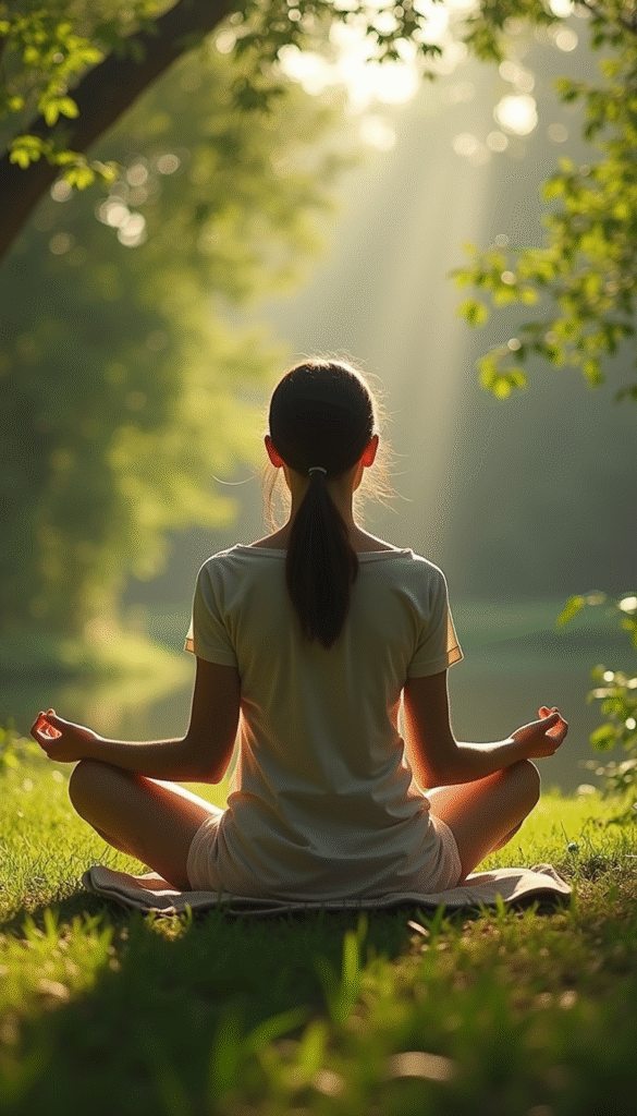 A serene workspace featuring a person meditating with a peaceful expression, surrounded by natural elements like plants and soft lighting, in calming blue and green tones, conveying tranquility and mindfulness.